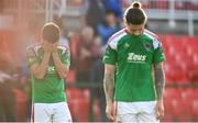 8 October 2023; Barry Coffey, left, and Ruairi Keating of Cork City leave the pitch after the Sports Direct Men’s FAI Cup semi-final match between Cork City and St Patrick's Athletic at Turner’s Cross in Cork. Photo by Eóin Noonan/Sportsfile