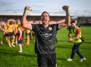 8 October 2023; St Patrick's Athletic goalkeeper Dean Lyness celebrates after the Sports Direct Men’s FAI Cup semi-final match between Cork City and St Patrick's Athletic at Turner’s Cross in Cork. Photo by Stephen McCarthy/Sportsfile