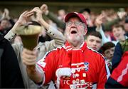 8 October 2023; St Patrick's Athletic supporter Brian Manning celebrates his side's victory after the Sports Direct Men’s FAI Cup semi-final match between Cork City and St Patrick's Athletic at Turner’s Cross in Cork. Photo by Stephen McCarthy/Sportsfile