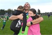 8 October 2023; Mohill manager Eamonn O'Hara celebrates with his nieces Chloe, left, and Ella O'Hara after victory in the Leitrim County Senior Club Football Championship final match between Mohill and St Mary's Kiltoghert at Avant Money Páirc Seán Mac Diarmada in Carrick-on-Shannon, Leitrim. Photo by Piaras Ó Mídheach/Sportsfile