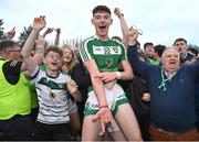 8 October 2023; Conor Quinn of Mohill, 22, celebrates with team-mates and supporters after victory in in the Leitrim County Senior Club Football Championship final match between Mohill and St Mary's Kiltoghert at Avant Money Páirc Seán Mac Diarmada in Carrick-on-Shannon, Leitrim. Photo by Piaras Ó Mídheach/Sportsfile