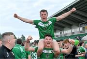 8 October 2023; Mohill players Donal Duignan, 20, and Conor Quinn celebrate after their side's victory in the Leitrim County Senior Club Football Championship final match between Mohill and St Mary's Kiltoghert at Avant Money Páirc Seán Mac Diarmada in Carrick-on-Shannon, Leitrim. Photo by Piaras Ó Mídheach/Sportsfile