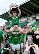 8 October 2023; Mohill players Donal Duignan, 20, and Conor Quinn celebrate after their side's victory in the Leitrim County Senior Club Football Championship final match between Mohill and St Mary's Kiltoghert at Avant Money Páirc Seán Mac Diarmada in Carrick-on-Shannon, Leitrim. Photo by Piaras Ó Mídheach/Sportsfile