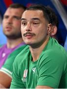 7 October 2023; An injured James Lowe of Ireland looks on from the bench during the 2023 Rugby World Cup Pool B match between Ireland and Scotland at the Stade de France in Paris, France. Photo by Brendan Moran/Sportsfile