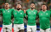 7 October 2023; Ireland players, from left, James Lowe, Andrew Porter, Conor Murray and Tadhg Furlong stand for the national anthem before the 2023 Rugby World Cup Pool B match between Ireland and Scotland at the Stade de France in Paris, France. Photo by Brendan Moran/Sportsfile