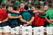 7 October 2023; Ireland players, from left, Andrew Porter, James Ryan, Tom O’Toole and Finlay Bealham takes a breath before the 2023 Rugby World Cup Pool B match between Ireland and Scotland at the Stade de France in Paris, France. Photo by Brendan Moran/Sportsfile
