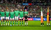 7 October 2023; Ireland players, from left, Andrew Porter, Conor Murray, Tadhg Furlong, Tadhg Beirne, Peter O’Mahony and captain Jonathan Sexton stand for the national anthem before the 2023 Rugby World Cup Pool B match between Ireland and Scotland at the Stade de France in Paris, France. Photo by Brendan Moran/Sportsfile