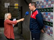 8 October 2023; RTÉ's Valerie Wheeler interviews St Patrick's Athletic manager Jon Daly before the Sports Direct Men’s FAI Cup semi-final match between Cork City and St Patrick's Athletic at Turner’s Cross in Cork. Photo by Stephen McCarthy/Sportsfile