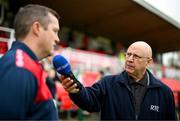 8 October 2023; RTÉ's Mike McCartney interviews St Patrick's Athletic manager Jon Daly before the Sports Direct Men’s FAI Cup semi-final match between Cork City and St Patrick's Athletic at Turner’s Cross in Cork. Photo by Stephen McCarthy/Sportsfile