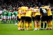 8 October 2023; Cork City and St Patrick's Athletic players huddle before the Sports Direct Men’s FAI Cup semi-final match between Cork City and St Patrick's Athletic at Turner’s Cross in Cork. Photo by Stephen McCarthy/Sportsfile