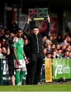 8 October 2023; Fourth official Rob Hennessy singals for a Cork City substitution to introduce Malik Dijksteel during the Sports Direct Men’s FAI Cup semi-final match between Cork City and St Patrick's Athletic at Turner’s Cross in Cork. Photo by Stephen McCarthy/Sportsfile