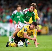 8 October 2023; Kian Leavy of St Patrick's Athletic and Ben Worman of Cork City during the Sports Direct Men’s FAI Cup semi-final match between Cork City and St Patrick's Athletic at Turner’s Cross in Cork. Photo by Stephen McCarthy/Sportsfile