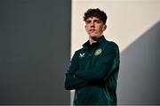 9 October 2023; Tony Springett poses for a portrait during a Republic of Ireland U21's media day at the Carlton Hotel Blanchardstown in Dublin. Photo by Sam Barnes/Sportsfile