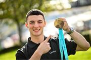 9 October 2023; Rhys McClenaghan of Ireland pictured with his gold medal on his return at Dublin Airport after winning in the Men's Pommel Horse Final at the 2023 World Artistic Gymnastics Championships. Photo by Ramsey Cardy/Sportsfile