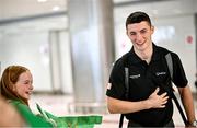 9 October 2023; Rhys McClenaghan of Ireland and Isabelle Ledwith, 11, from Batterstown, Meath, on his return at Dublin Airport after winning gold in the Men's Pommel Horse Final at the 2023 World Artistic Gymnastics Championships. Photo by Ramsey Cardy/Sportsfile