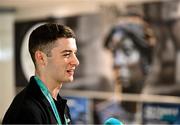 9 October 2023; Rhys McClenaghan of Ireland is interviewed by media on his return at Dublin Airport after winning gold in the Men's Pommel Horse Final at the 2023 World Artistic Gymnastics Championships. Photo by Ramsey Cardy/Sportsfile