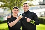 9 October 2023; Rhys McClenaghan of Ireland, left, pictured with his gold medal and national gymnastics coach Luke Carson on his return at Dublin Airport after winning in the Men's Pommel Horse Final at the 2023 World Artistic Gymnastics Championships. Photo by Ramsey Cardy/Sportsfile