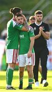8 October 2023; Ruairi Keating of Cork City, left, with team-mate Aaron Bolger after the Sports Direct Men’s FAI Cup semi-final match between Cork City and St Patrick's Athletic at Turner’s Cross in Cork. Photo by Eóin Noonan/Sportsfile