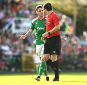 8 October 2023; Ruairi Keating of Cork City protests to referee Rob Harvey during the Sports Direct Men’s FAI Cup semi-final match between Cork City and St Patrick's Athletic at Turner’s Cross in Cork. Photo by Eóin Noonan/Sportsfile