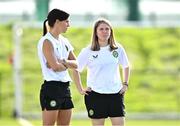 9 October 2023; Physiotherapist Kathryn Fahy, left, and assistant coach Orla Haran during a Republic of Ireland women's U17 training session at the FAI National Training Centre in Abbotstown, Dublin. Photo by Ben McShane/Sportsfile