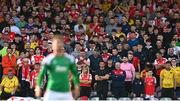 8 October 2023; St Patrick's Athletic supporters during the Sports Direct Men’s FAI Cup semi-final match between Cork City and St Patrick's Athletic at Turner’s Cross in Cork. Photo by Eóin Noonan/Sportsfile