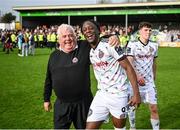 7 October 2023; Jonathan Afolabi of Bohemians and Hughie Dempsey celebrate after the Sports Direct Men’s FAI Cup semi-final match between Galway United and Bohemians at Eamonn Deacy Park in Galway. Photo by Stephen McCarthy/Sportsfile