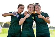 9 October 2023; Republic of Ireland players, from left, Hannah O'Brien, Katie Lawlee and Kiera Sena during a Republic of Ireland women's U17 training session at the FAI National Training Centre in Abbotstown, Dublin. Photo by Ben McShane/Sportsfile