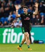 8 October 2023; Conhuir Johnston of Erin’s Own Cargin celebrates after scoring his side's second goal during the Antrim County Senior Club Football Championship final match between Cuchullians Dunloy and Erin’s Own Cargin at Corrigan Park in Belfast. Photo by Ramsey Cardy/Sportsfile