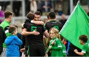 8 October 2023; Justin Crozier, left, and Mark Kelly of Erin’s Own Cargin celebrate after the Antrim County Senior Club Football Championship final match between Cuchullians Dunloy and Erin’s Own Cargin at Corrigan Park in Belfast. Photo by Ramsey Cardy/Sportsfile