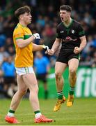 8 October 2023; Conhuir Johnston of Erin’s Own Cargin celebrates after scoring his side's second goal during the Antrim County Senior Club Football Championship final match between Cuchullians Dunloy and Erin’s Own Cargin at Corrigan Park in Belfast. Photo by Ramsey Cardy/Sportsfile