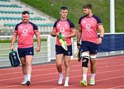 10 October 2023; Ireland players, from left, Dave Kilcoyne, Jonathan Sexton and Iain Henderson during an Ireland rugby squad training session at Stade Omnisports des Fauvettes in Domont, France. Photo by Harry Murphy/Sportsfile