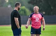 10 October 2023; Head coach Andy Farrell speaks to Keith Earls during an Ireland rugby squad training session at Stade Omnisports des Fauvettes in Domont, France. Photo by Harry Murphy/Sportsfile