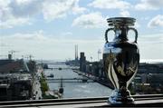 10 October 2023; UEFA have today announced the host associations for UEFA EURO 2028, with the Aviva Stadium in Dublin, and Casement Park in Belfast included as host stadiums. Pictured is The Henri Delaunay Trophy at Liberty Hall in Dublin. Photo by Ramsey Cardy/Sportsfile