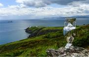 10 October 2023; UEFA have today announced the host associations for UEFA EURO 2028, with the Aviva Stadium in Dublin, and Casement Park in Belfast included as host stadiums. Pictured is The Henri Delaunay Trophy at Howth Head in Dublin. Photo by Ramsey Cardy/Sportsfile