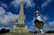 10 October 2023; UEFA have today announced the host associations for UEFA EURO 2028, with the Aviva Stadium in Dublin, and Casement Park in Belfast included as host stadiums. Pictured is The Henri Delaunay Trophy at Wellington Monument in Dublin. Photo by Ramsey Cardy/Sportsfile