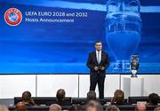 10 October 2023; Presenter Pedro Pinto on stage during the UEFA EURO 2028 & 2032 Host Announcement at the UEFA headquarters, in Nyon, Switzerland. Photo by Kristian Skeie/UEFA via Sportsfile