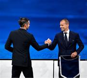 10 October 2023; The joint bid of England, Republic of Ireland, Northern Ireland, Scotland and Wales were announced as the hosts for UEFA EURO 2028. On stage is former Wales international player Gareth Bale, and UEFA President Aleksander Ceferin during the UEFA EURO 2028 & 2032 Host Announcement at the UEFA headquarters, in Nyon, Switzerland. Photo by Kristian Skeie/UEFA via Sportsfile