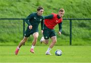 10 October 2023; Ollie O'Neill, left, and Sam Curtis during a Republic of Ireland U21 training session at the FAI National Training Centre in Abbotstown, Dublin. Photo by Piaras Ó Mídheach/Sportsfile