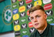 10 October 2023; Evan Ferguson during a Republic of Ireland press conference at FAI Headquarters in Abbotstown, Dublin. Photo by Stephen McCarthy/Sportsfile