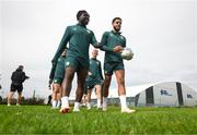 10 October 2023; Festy Ebosele, left, and Andrew Omobamidele during a Republic of Ireland training session at the FAI National Training Centre in Abbotstown, Dublin. Photo by Stephen McCarthy/Sportsfile