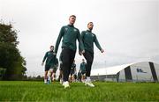 10 October 2023; Evan Ferguson and Shane Duffy, right, during a Republic of Ireland training session at the FAI National Training Centre in Abbotstown, Dublin. Photo by Stephen McCarthy/Sportsfile