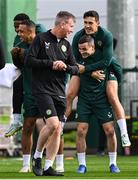 10 October 2023; Manager Stephen Kenny with players, from left, Chiedozie Ogbene, Adam Idah, Jamie McGrath and Josh Cullen during a Republic of Ireland training session at the FAI National Training Centre in Abbotstown, Dublin. Photo by Stephen McCarthy/Sportsfile