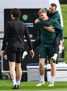 10 October 2023; Nathan Collins and Shane Duffy, right, during a Republic of Ireland training session at the FAI National Training Centre in Abbotstown, Dublin. Photo by Stephen McCarthy/Sportsfile