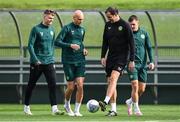 10 October 2023; Coach John O'Shea with players, from left, Evan Ferguson, Will Smallbone and Jason Knight during a Republic of Ireland training session at the FAI National Training Centre in Abbotstown, Dublin. Photo by Stephen McCarthy/Sportsfile