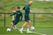 10 October 2023; Will Smallbone and Mikey Johnston, left, during a Republic of Ireland training session at the FAI National Training Centre in Abbotstown, Dublin. Photo by Stephen McCarthy/Sportsfile