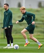 10 October 2023; Liam Scales and Shane Duffy, left, during a Republic of Ireland training session at the FAI National Training Centre in Abbotstown, Dublin. Photo by Stephen McCarthy/Sportsfile