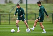 10 October 2023; Alan Browne and Jamie McGrath, right, during a Republic of Ireland training session at the FAI National Training Centre in Abbotstown, Dublin. Photo by Stephen McCarthy/Sportsfile