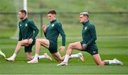 10 October 2023; Sam Szmodics with Dara O'Shea, centre, and Alan Browne, left, during a Republic of Ireland training session at the FAI National Training Centre in Abbotstown, Dublin. Photo by Stephen McCarthy/Sportsfile