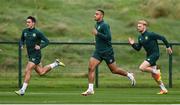 10 October 2023; Adam Idah with Jamie McGrath, left, and Liam Scales, right, during a Republic of Ireland training session at the FAI National Training Centre in Abbotstown, Dublin. Photo by Stephen McCarthy/Sportsfile