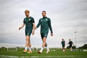 10 October 2023; Liam Scales, left, and Alan Browne during a Republic of Ireland training session at the FAI National Training Centre in Abbotstown, Dublin. Photo by Stephen McCarthy/Sportsfile
